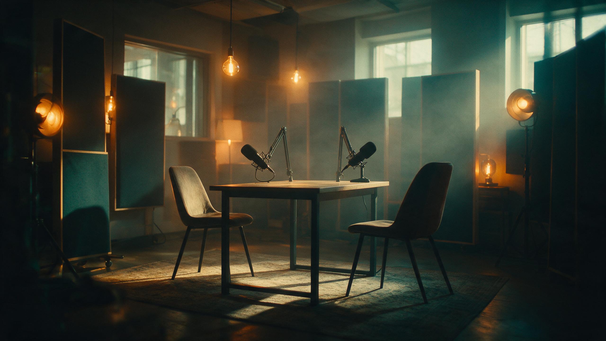 A wide 16:9 studio shot of two chairs and microphones